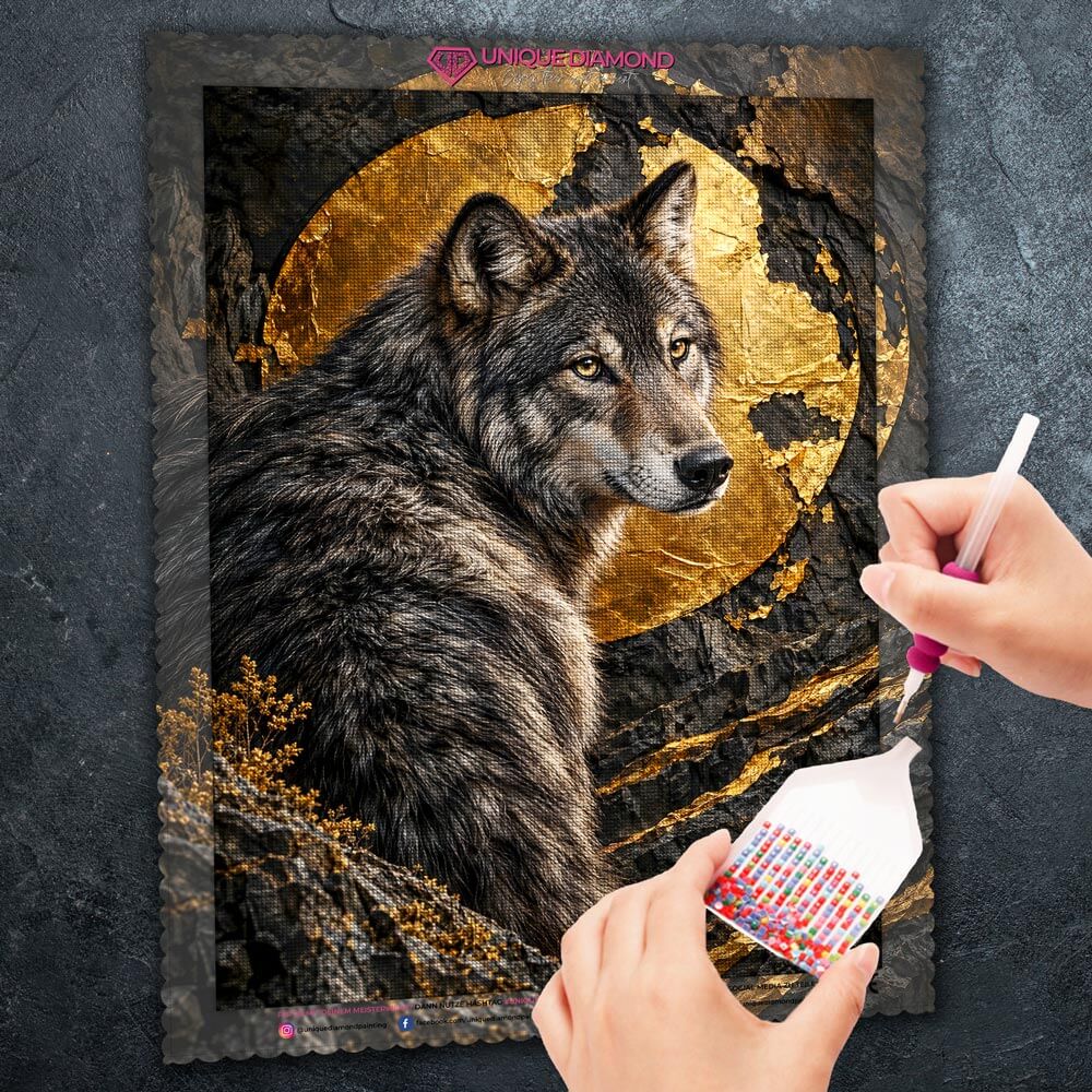 5D Diamond Painting – Wolf vor dem Goldmond