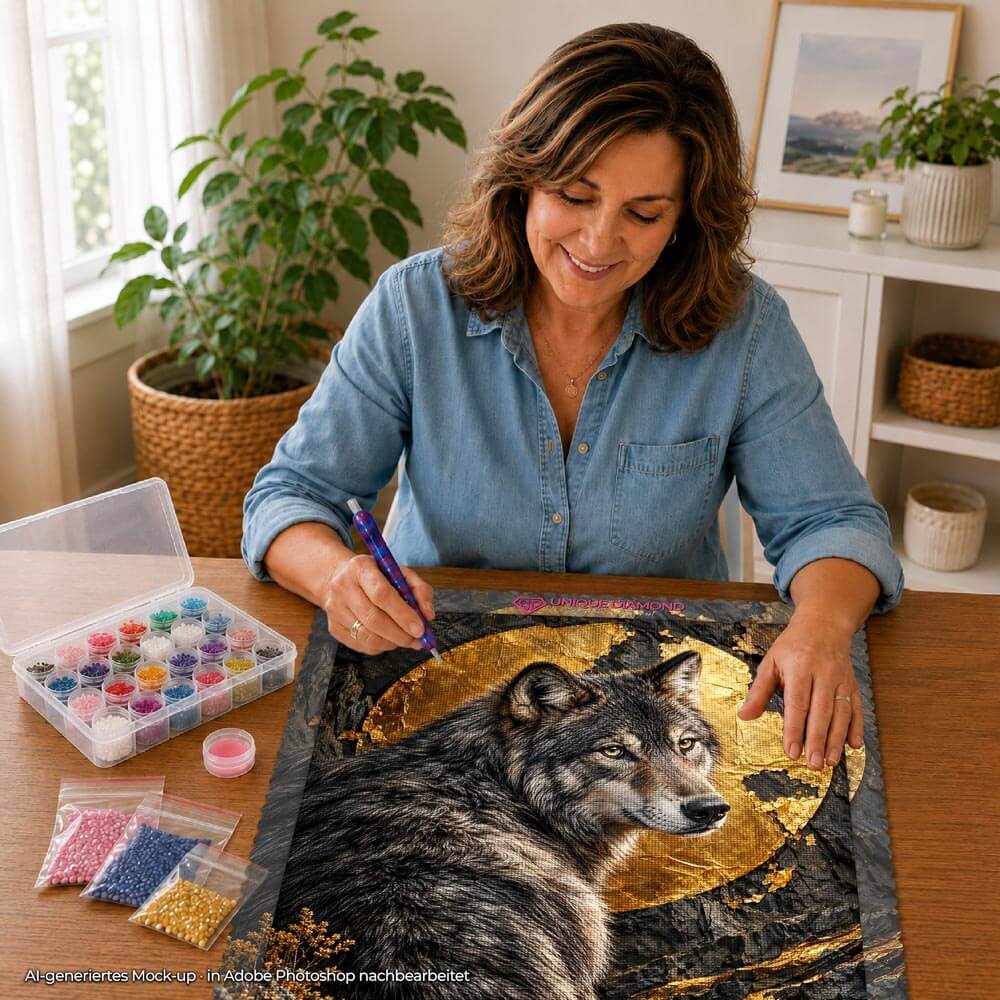 5D Diamond Painting – Wolf vor dem Goldmond
