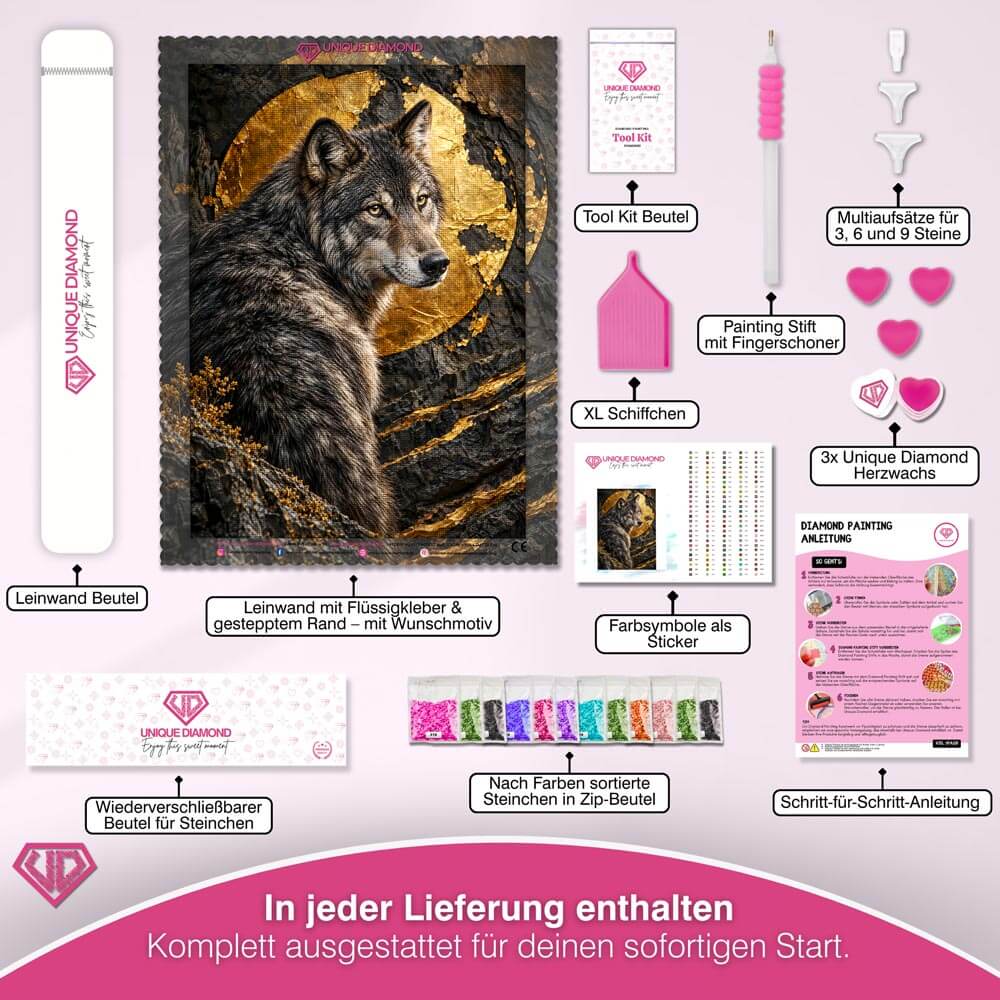 5D Diamond Painting – Wolf vor dem Goldmond