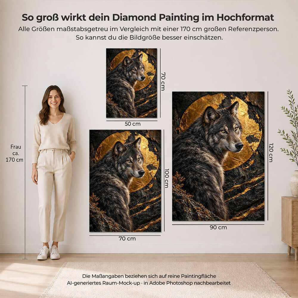 5D Diamond Painting – Wolf vor dem Goldmond