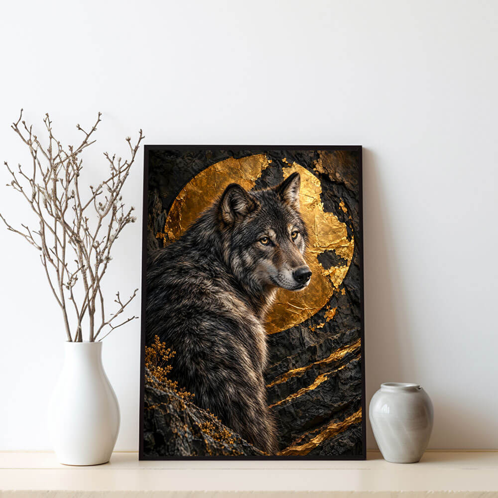 5D Diamond Painting – Wolf vor dem Goldmond