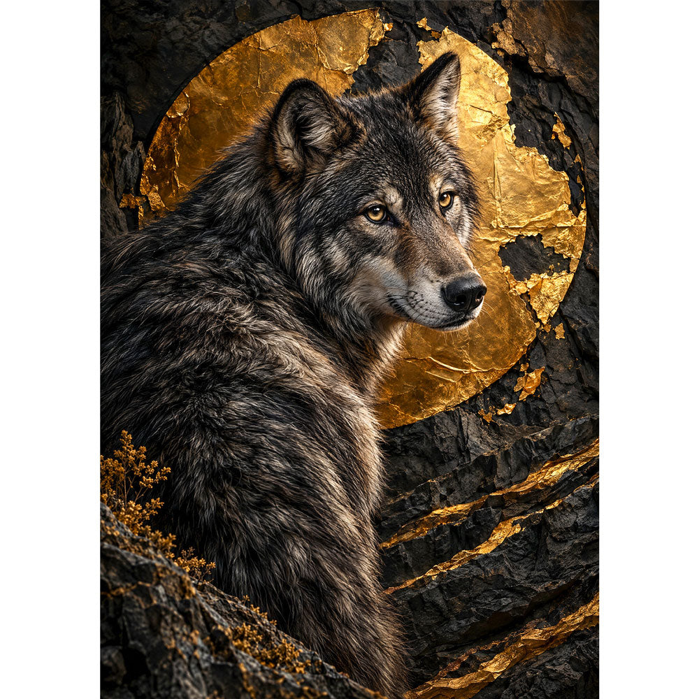 5D Diamond Painting – Wolf vor dem Goldmond | Unique Diamond