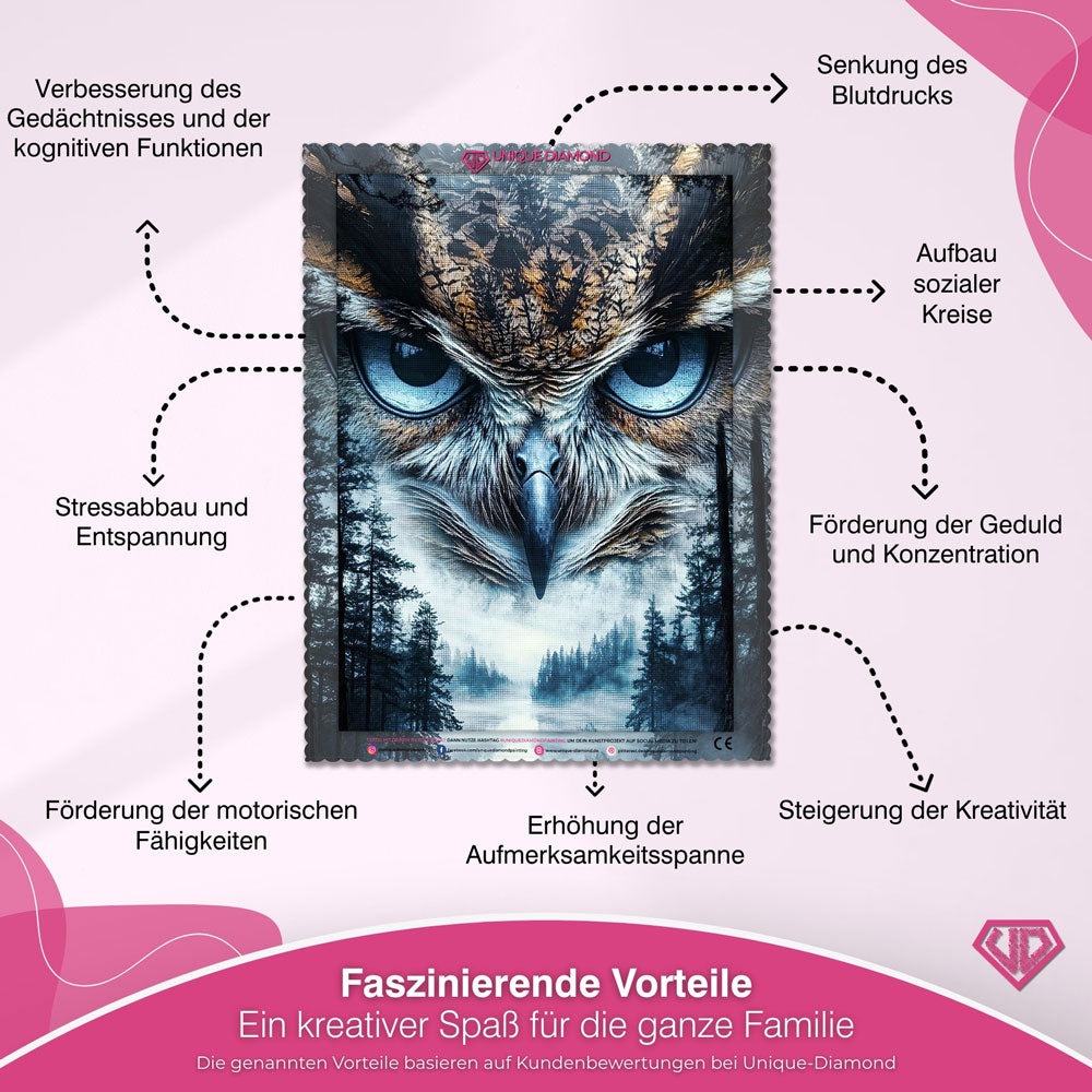 5D Diamond Painting – Mystische Eule im Nebelwald Unique-Diamond