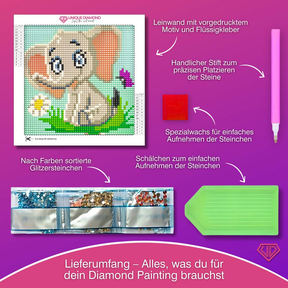 5D Diamond Painting Mini-Bild – Elefant Emil mit Blume, Unique-Diamond