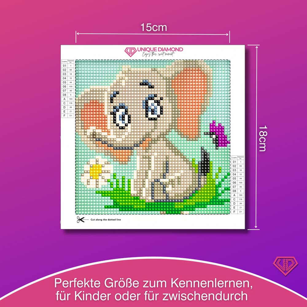 5D Diamond Painting Mini-Bild – Elefant Emil mit Blume, Unique-Diamond