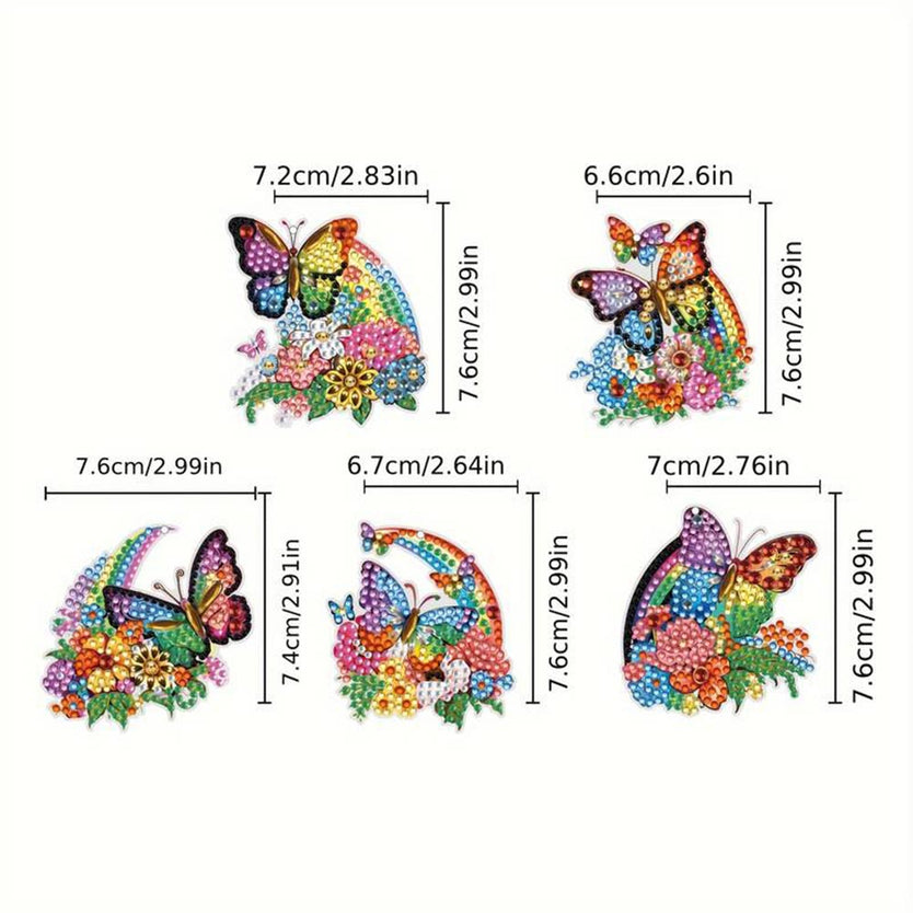 5D Diamond Painting Anhänger – Regenbogen-Schmetterlinge im Blütenflug