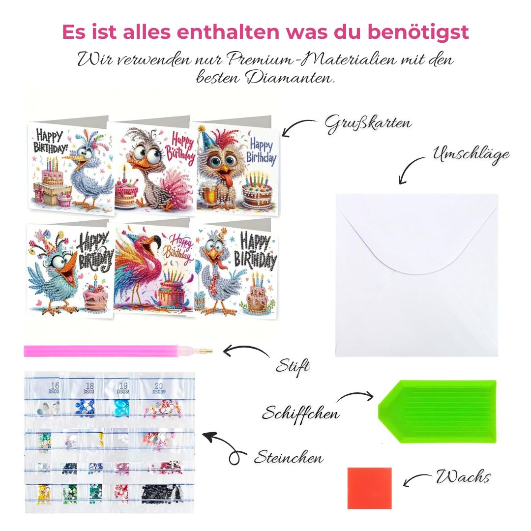 5D Diamond Painting Grußkarten – Lustige Geburtstagsvögel, Unique-Diamond