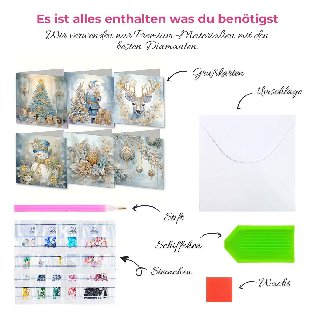 5D Diamond Painting Grußkarten – Winterzauber in Blau & Gold, Unique-Diamond