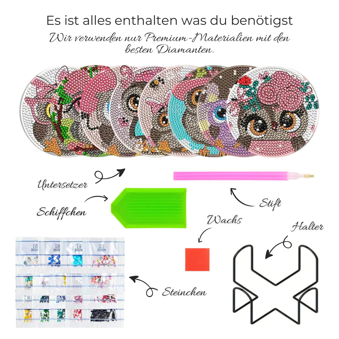 5D Diamond Painting Untersetzer – Eulenzauber, Unique-Diamond