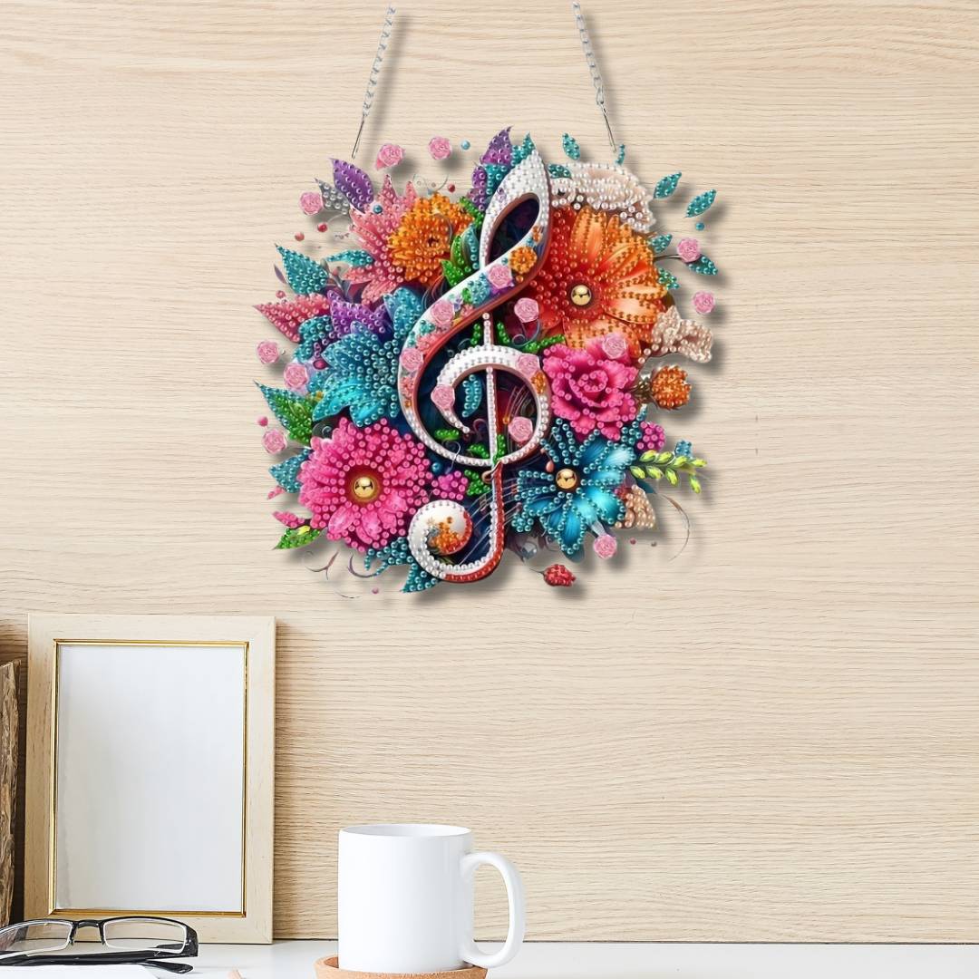 5D Diamond Painting Wandanhänger – Blütenklang mit Notenschlüssel, Unique-Diamond