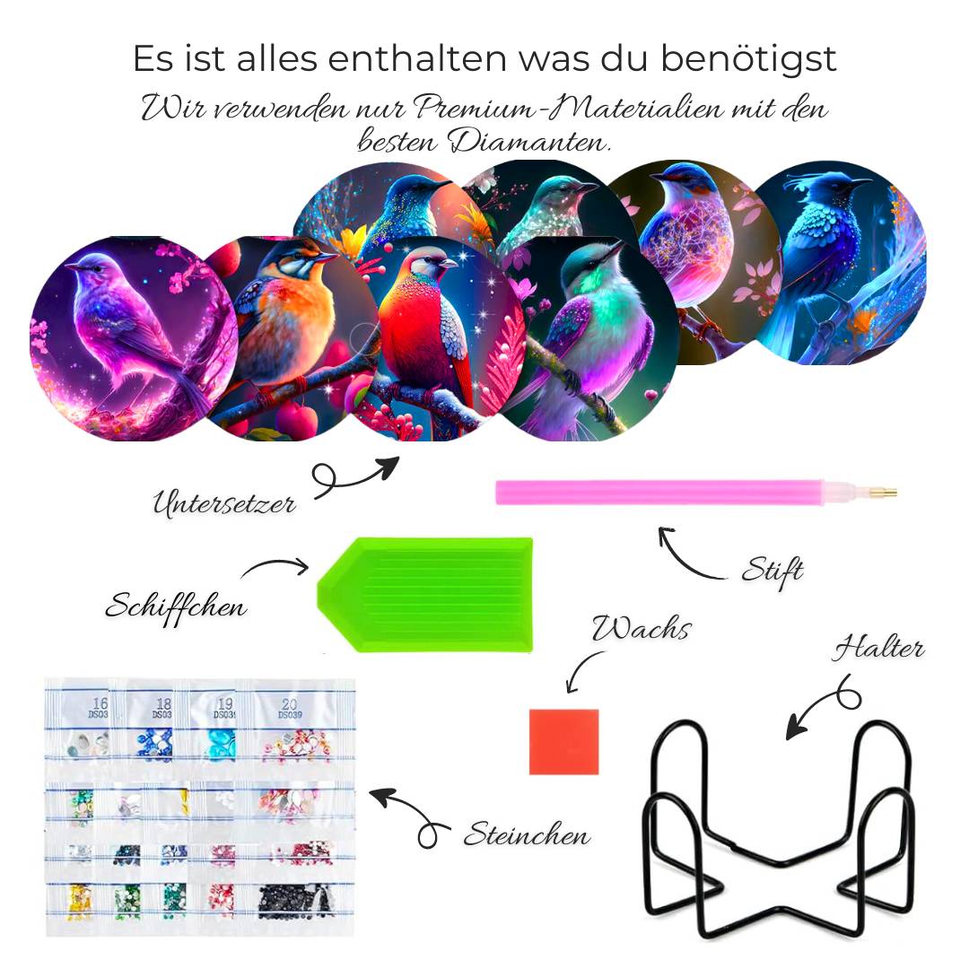 5D Diamond Painting Untersetzer Glimmering Birdsong, Unique-Diamond-